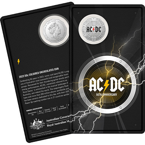 2023 50c 50th Anniversary of AC/DC Cu/Ni Coloured Uncirculated Coin in Card