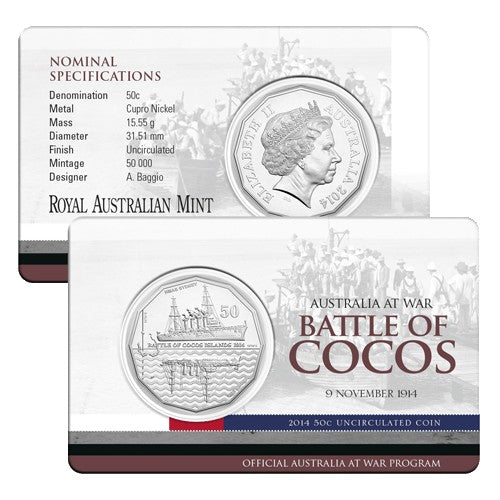 2014 50c Australia at War Series - Battle of Cocos Islands Unc Coin in Card