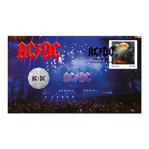 2023 50c 50th Anniversary of AC/DC Coloured Coin & Stamp Cover PNC