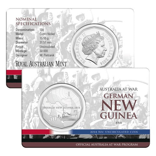 2014 50c Australia at War Series - German New Guinea Unc Coin in Card