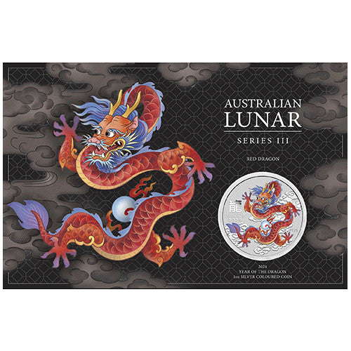 2024 $1 Australian Lunar Series III Red Dragon 1oz Silver Coloured Coin in Card