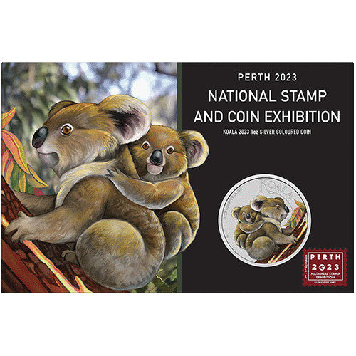 2023 $1 Perth National Stamp and Coin Exhibition Koala 1oz Silver Coloured BU Coin in Card