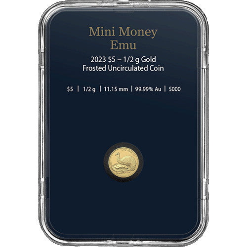 2023 $5 Mini Money Emu 1/2gm Gold Frosted Uncirculated Coin in Presentation Capsule