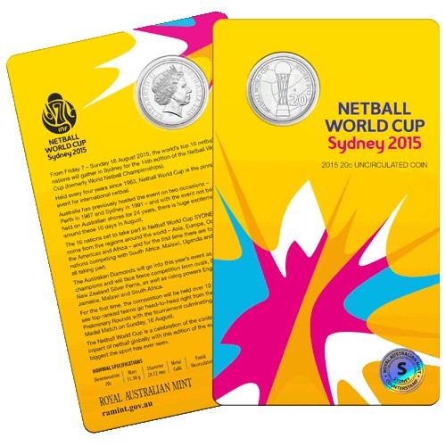 2015 20c Netball World Cup S Counterstamp Uncirculated Coin in Card