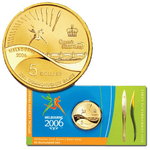 2006 $5 Queens Baton Relay Al/Br Unc Coin in Card