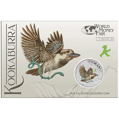 2024 $1 World Money Fair - Coin Show Special Australian Kookaburra 1oz Silver Coloured Coin in Card Ampelmann Privy Mark