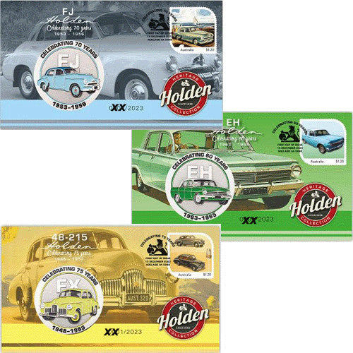 2023 Holden Celebrating 60/70/75 Years FX FJ EH Limited Edition Medallion & Stamp Covers PNC Set of 3