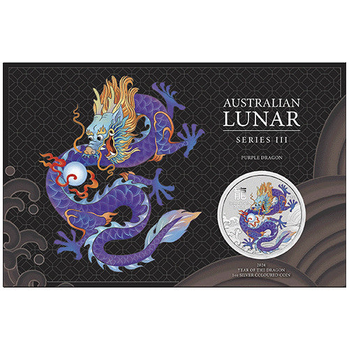 2024 $1 Australian Lunar Series III Purple Dragon Year of the Dragon 1oz Silver Purple Coin in Card