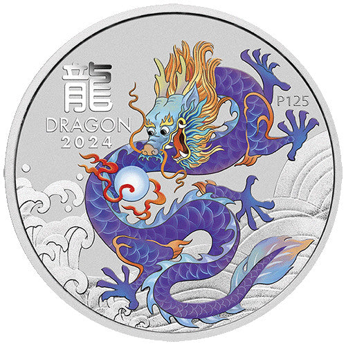 2024 $1 Australian Lunar Series III Purple Dragon Year of the Dragon 1oz Silver Purple Coin