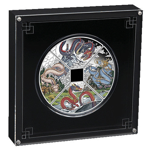 2024 $1 Year of the Dragon Quadrant 1oz Silver Proof Coloured Four-Coin Set COins in Case