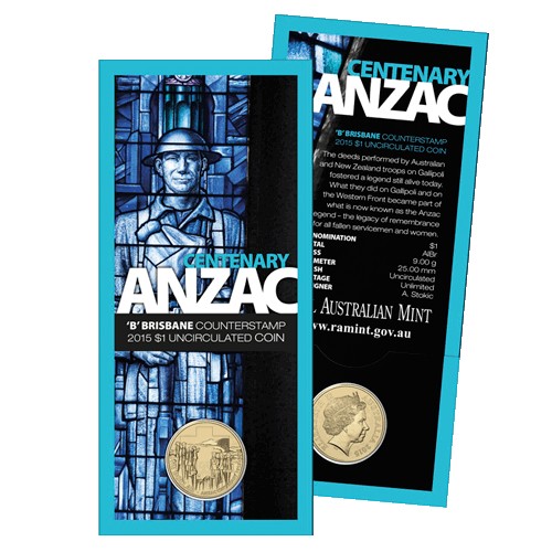 2015 $1 ANZAC Centenary B Counterstamp Uncirculated Coin in Card