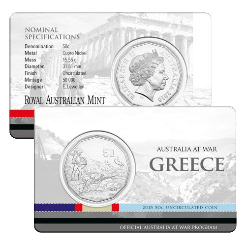 2015 50c Australia at War Series - Greece Unc Coin in Card