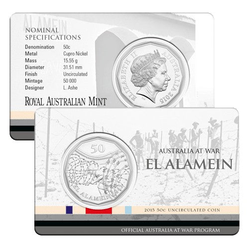 2015 50c Australia at War Series - El Alamein Unc Coin in Card